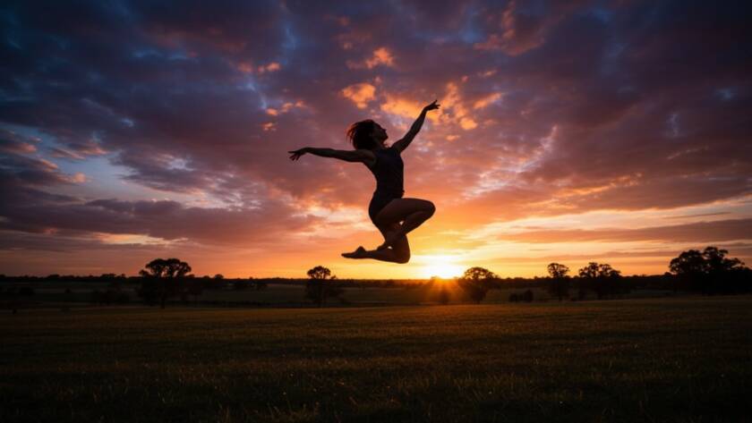 A female contemporary dancer in an epic moment, mid-air leap with incredible power and grace, silhouetted against a moody Cranbourne South landscape at sunset, showcasing dynamic dance photography sessions in Victoria. Dramatic lighting and professional colour grading.