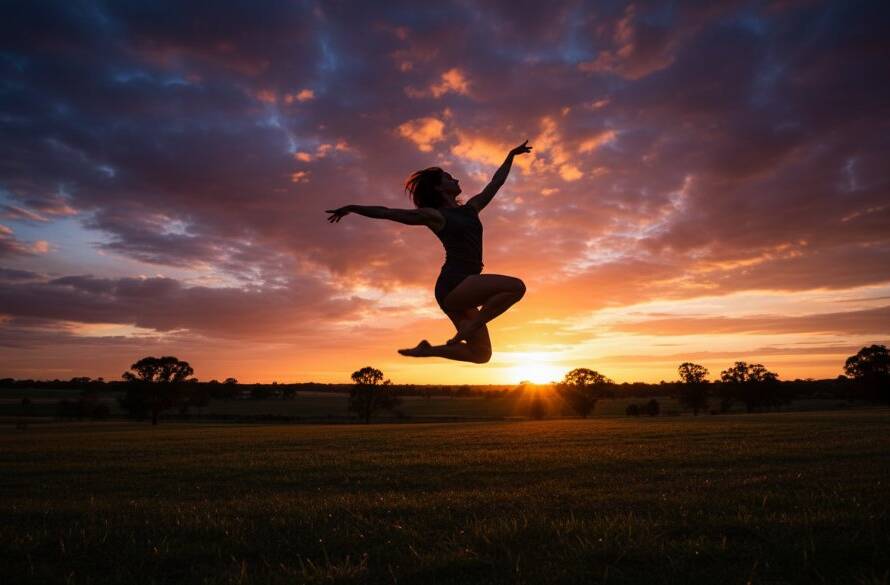 A female contemporary dancer in an epic moment, mid-air leap with incredible power and grace, silhouetted against a moody Cranbourne South landscape at sunset, showcasing dynamic dance photography sessions in Victoria. Dramatic lighting and professional colour grading.