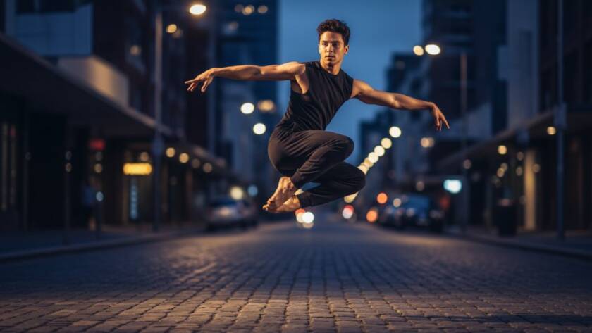 A male contemporary dancer leaps dramatically mid-air during dynamic dance photography sessions in Doncaster East Victoria, captured with dramatic lighting against a blurred urban background, showcasing strength and artistry.