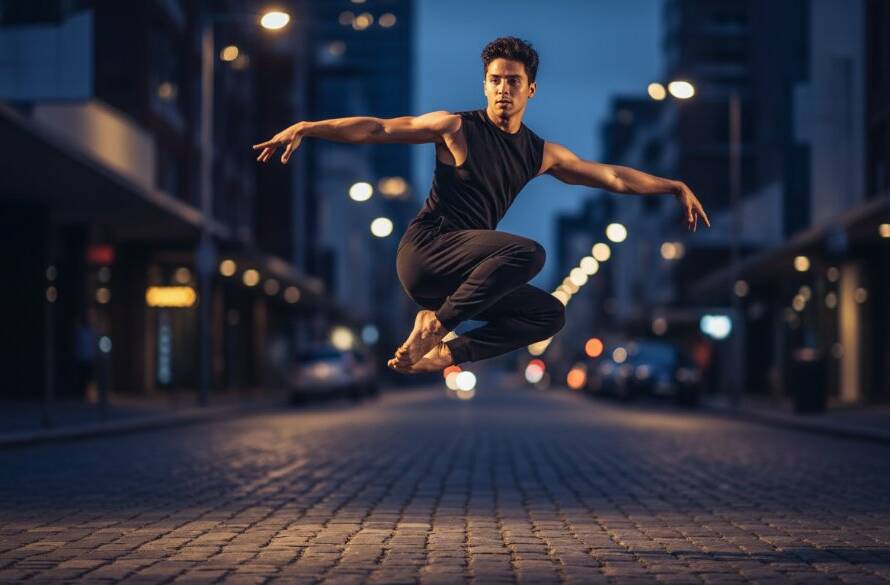 A male contemporary dancer leaps dramatically mid-air during dynamic dance photography sessions in Doncaster East Victoria, captured with dramatic lighting against a blurred urban background, showcasing strength and artistry.