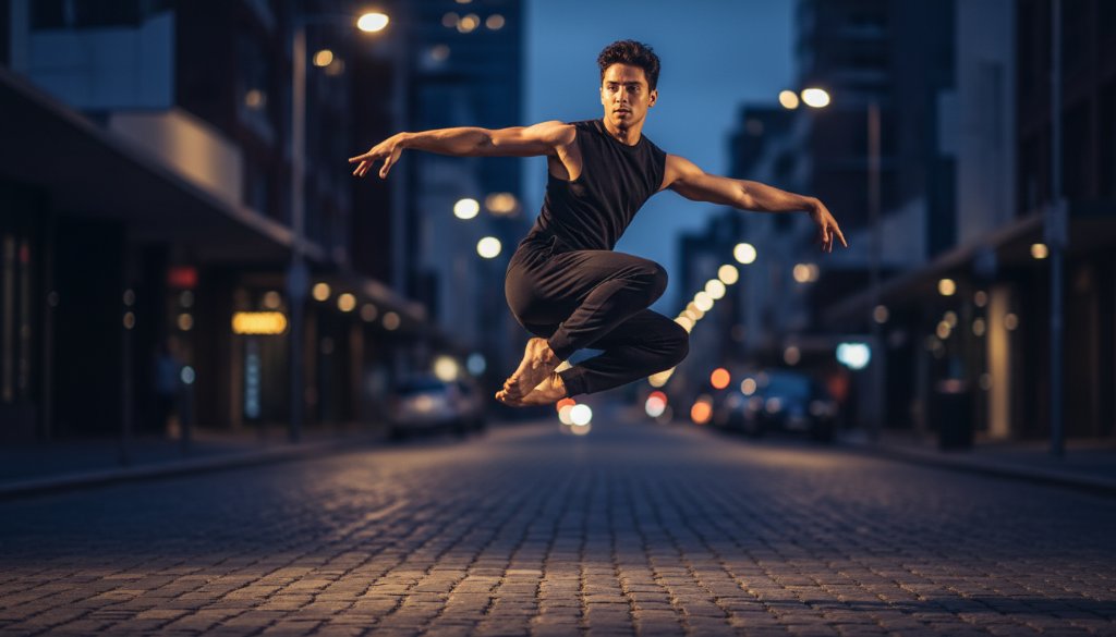 A male contemporary dancer leaps dramatically mid-air during dynamic dance photography sessions in Doncaster East Victoria, captured with dramatic lighting against a blurred urban background, showcasing strength and artistry.