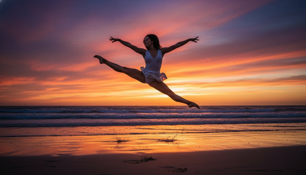 A female contemporary dancer in an exquisite, dynamic pose on the iconic Ninety Mile Beach at sunset in Lakes Entrance, Victoria. Her movement is captured mid-air, silhouetted against a dramatic orange and purple sky, with the waves crashing gently in the background. Professional color grading enhances the cinematic mood. This epic moment showcases the artistic beauty of dynamic dance photography sessions Lakes Entrance.