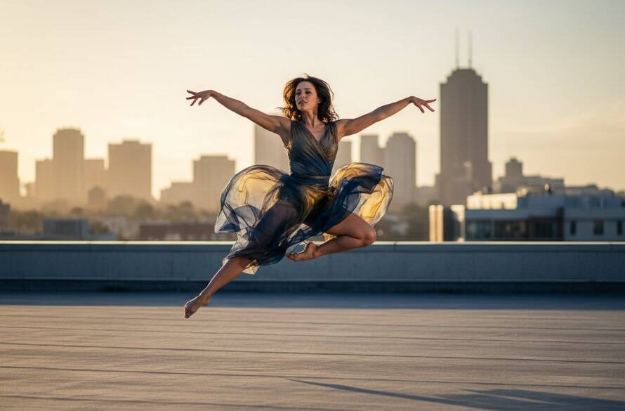 A breathtaking, professionally colour-graded photograph capturing a dynamic dance photography Springvale South performers' epic moment: a male dancer mid-air in a powerful leap against a soft-focus backdrop of the Springvale South Community Centre at sunset, dramatically lit from the side, showcasing strength and grace.