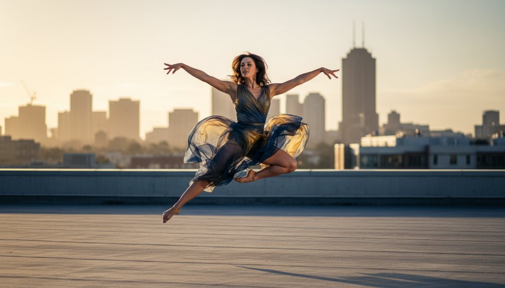 A breathtaking, professionally colour-graded photograph capturing a dynamic dance photography Springvale South performers' epic moment: a male dancer mid-air in a powerful leap against a soft-focus backdrop of the Springvale South Community Centre at sunset, dramatically lit from the side, showcasing strength and grace.