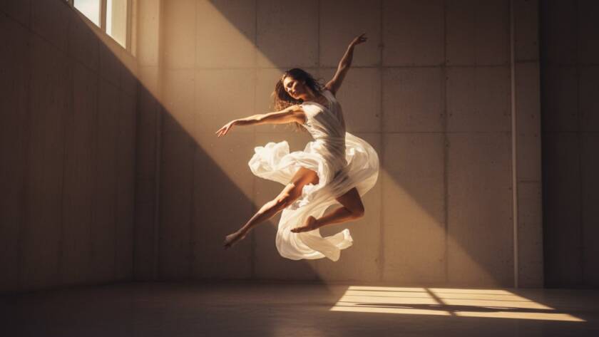 A breathtaking shot of a dancer in mid-air, bathed in dramatic light, showcasing dynamic dance photography Templestowe Lower studios at a peak emotional moment, professional colour grading.