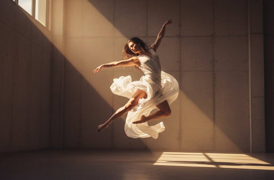 A breathtaking shot of a dancer in mid-air, bathed in dramatic light, showcasing dynamic dance photography Templestowe Lower studios at a peak emotional moment, professional colour grading.