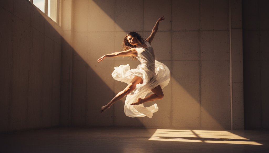 A breathtaking shot of a dancer in mid-air, bathed in dramatic light, showcasing dynamic dance photography Templestowe Lower studios at a peak emotional moment, professional colour grading.
