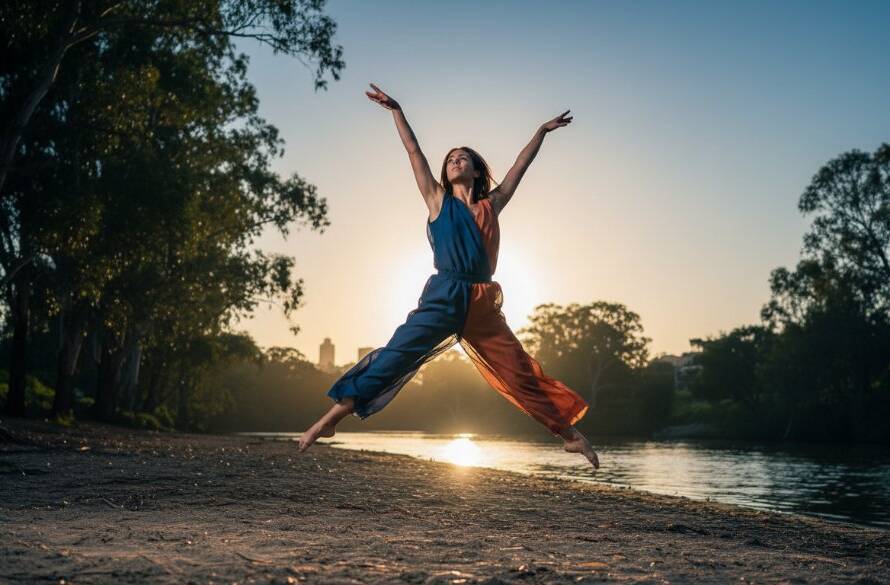 A ballet dancer mid-air, silhouetted against a dramatic sunset over the Yarra River near Templestowe Lower, showcasing dynamic dance photography in Templestowe Lower Victoria with professional studio lighting effects and rich, cinematic colour grading.