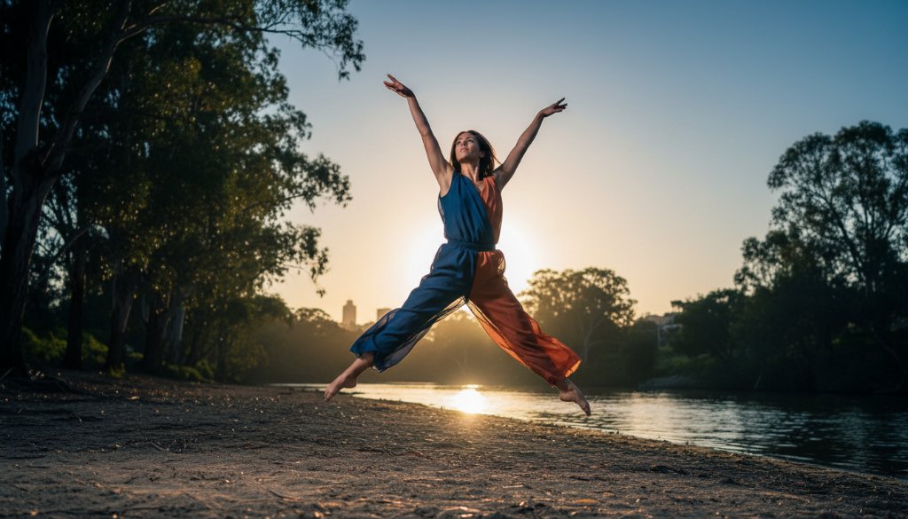 A ballet dancer mid-air, silhouetted against a dramatic sunset over the Yarra River near Templestowe Lower, showcasing dynamic dance photography in Templestowe Lower Victoria with professional studio lighting effects and rich, cinematic colour grading.