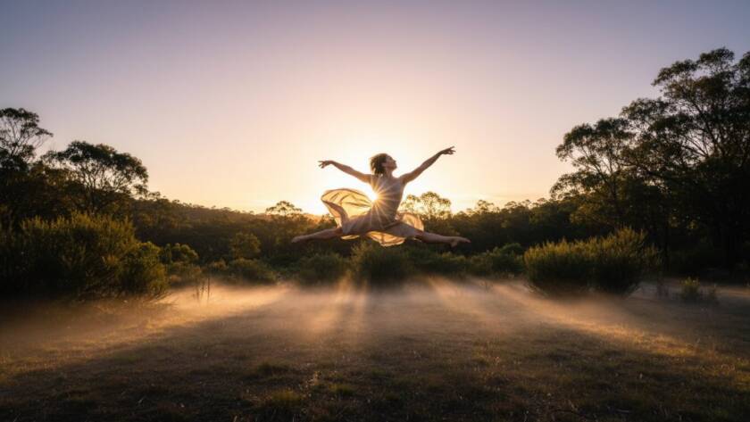 An emotionally charged shot of a ballet dancer performing an exquisite grand jeté amidst the natural light of a misty Dandenong Ranges backdrop near The Basin, Victoria, showcasing dynamic dance photography, professionally colour graded.