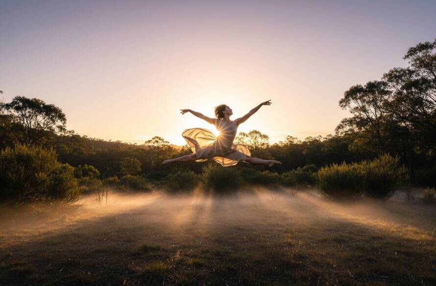 An emotionally charged shot of a ballet dancer performing an exquisite grand jeté amidst the natural light of a misty Dandenong Ranges backdrop near The Basin, Victoria, showcasing dynamic dance photography, professionally colour graded.