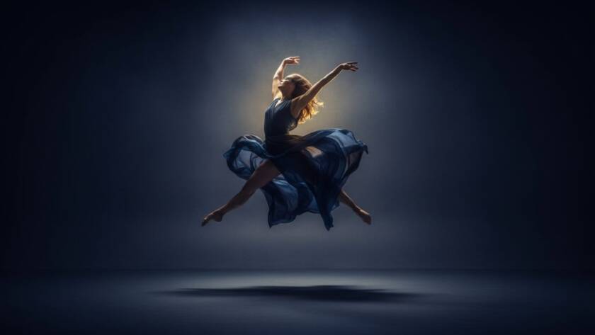 A professional dancer mid-air in a dramatic leap, captured during a dynamic dance photography Vermont studio session, with theatrical lighting highlighting movement and form.