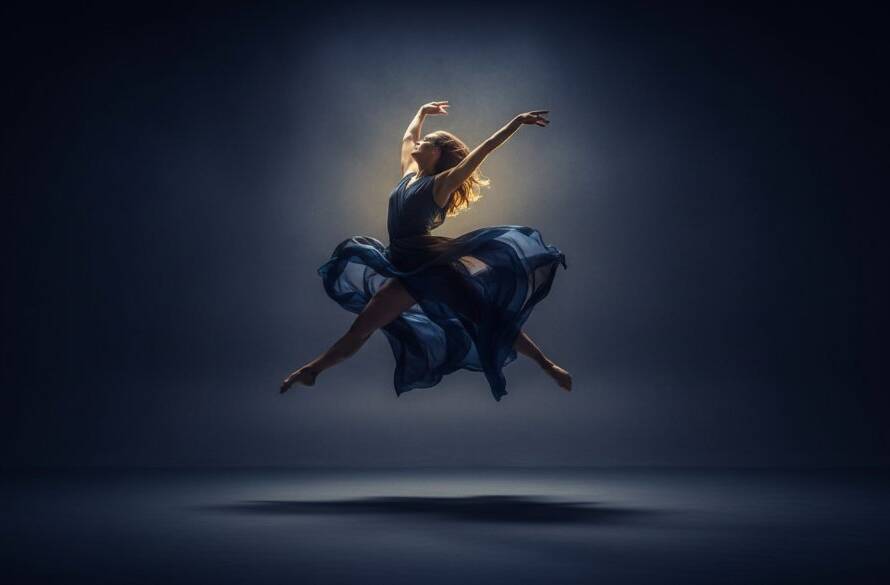 A professional dancer mid-air in a dramatic leap, captured during a dynamic dance photography Vermont studio session, with theatrical lighting highlighting movement and form.