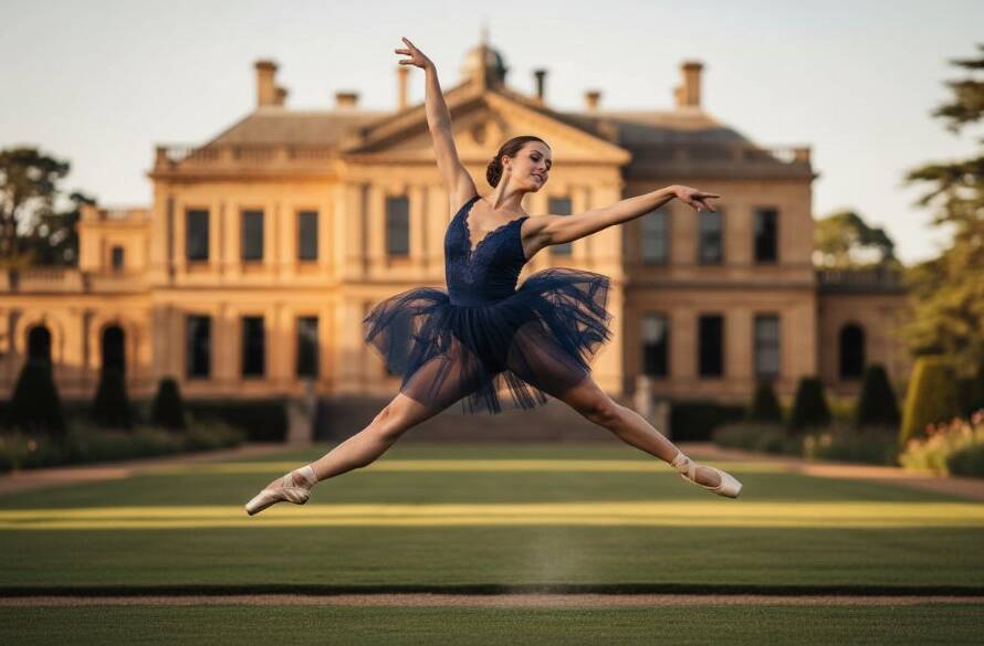 A dynamic dance photography Werribee performance shot featuring a ballet dancer mid-air in a dramatic leap against the historic backdrop of Werribee Mansion's gardens at dusk, with golden hour lighting.