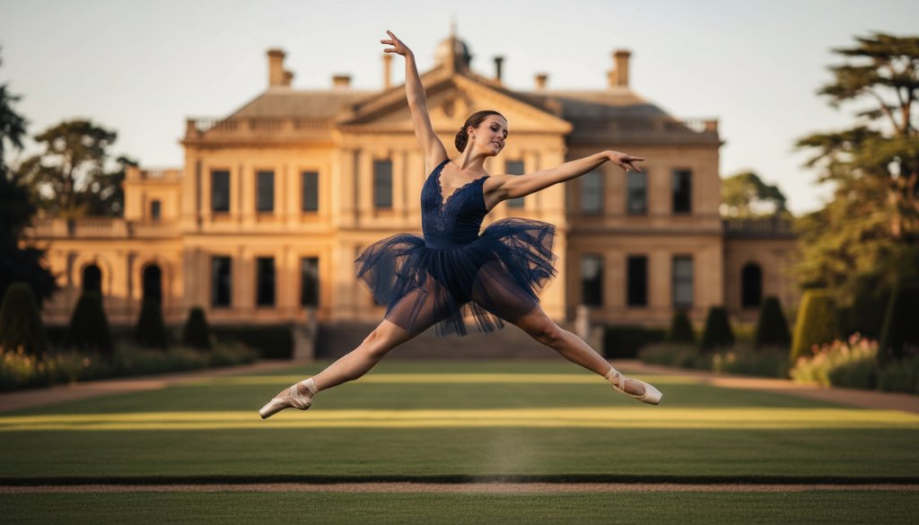 A dynamic dance photography Werribee performance shot featuring a ballet dancer mid-air in a dramatic leap against the historic backdrop of Werribee Mansion's gardens at dusk, with golden hour lighting.