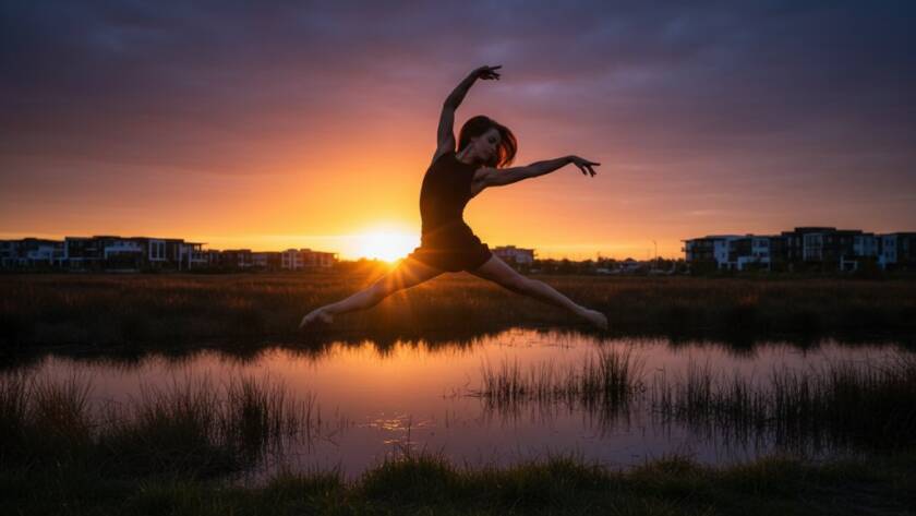 An exquisite female dancer performing a powerful leap at sunset over Williams Landing wetlands, showcasing dynamic dance photography Williams Landing Victoria with dramatic backlighting.