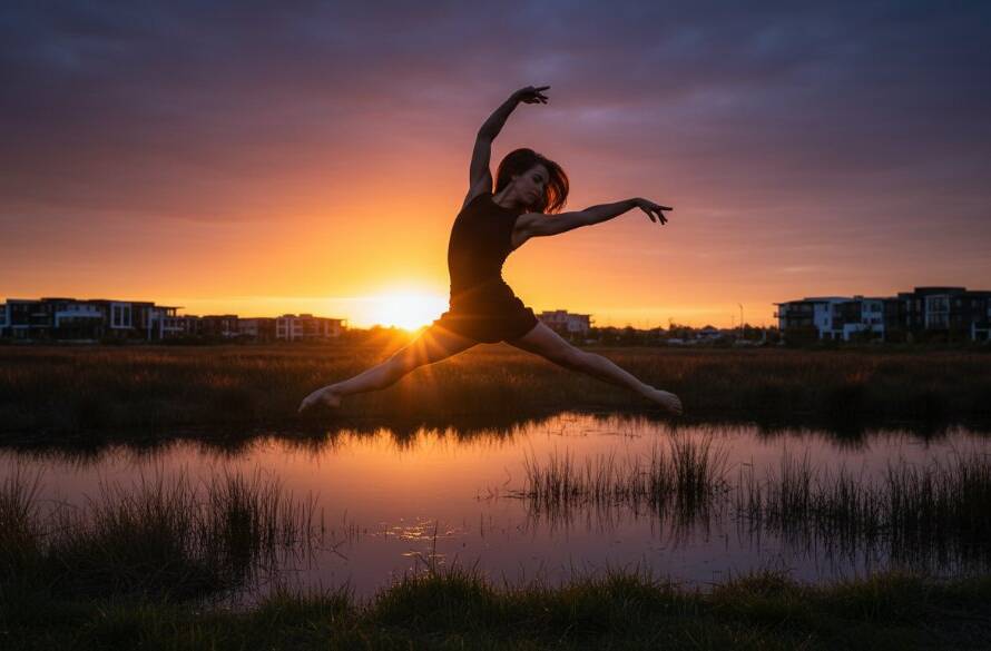 An exquisite female dancer performing a powerful leap at sunset over Williams Landing wetlands, showcasing dynamic dance photography Williams Landing Victoria with dramatic backlighting.