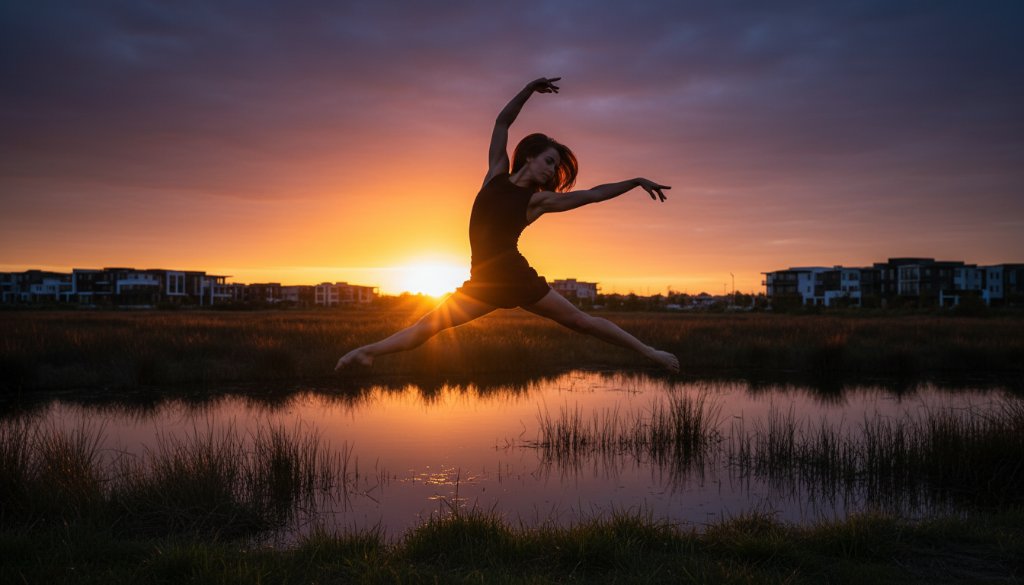 An exquisite female dancer performing a powerful leap at sunset over Williams Landing wetlands, showcasing dynamic dance photography Williams Landing Victoria with dramatic backlighting.