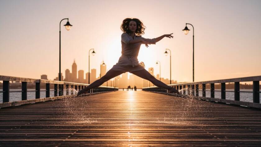 A stunning dynamic dance photography Williamstown Pier sunset capture, featuring a dancer in an elegant leap against the golden hour sky and historic pier, showcasing incredible grace and athletic power.