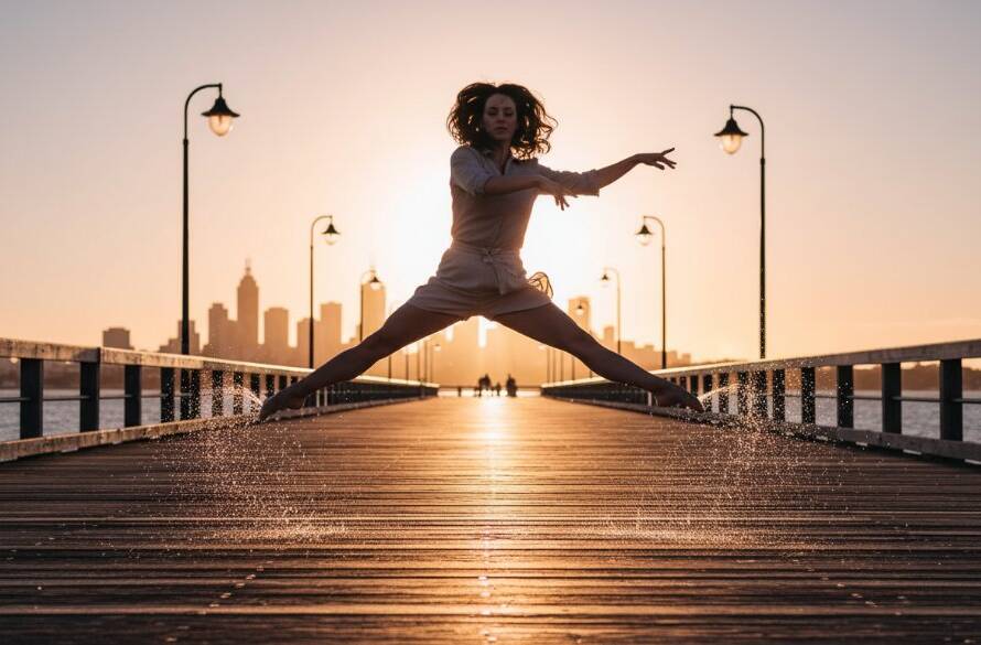 A stunning dynamic dance photography Williamstown Pier sunset capture, featuring a dancer in an elegant leap against the golden hour sky and historic pier, showcasing incredible grace and athletic power.