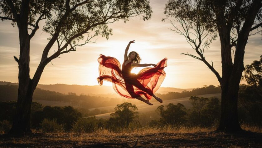 A professional photograph showcasing a dancer in an epic moment, mid-leap with flowing fabric, silhouetted against a dramatic sunset over the Woodend landscape, perfectly illustrating dynamic dance photography Woodend Victoria.
