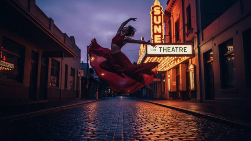 An exquisite shot capturing the dynamic energy of a ballet dancer mid-leap against the heritage architecture of Yarraville, Victoria, showcasing breathtaking skill and the artistry of Dynamic Dance Photography Yarraville Victoria.