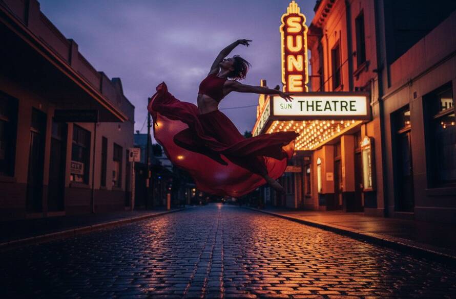 An exquisite shot capturing the dynamic energy of a ballet dancer mid-leap against the heritage architecture of Yarraville, Victoria, showcasing breathtaking skill and the artistry of Dynamic Dance Photography Yarraville Victoria.