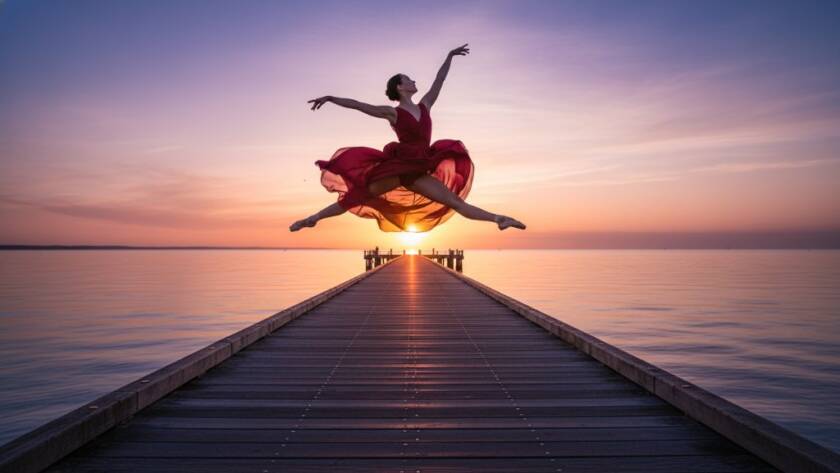 A dancer in a flowing costume performing an elegant leap against the vibrant backdrop of a Sandringham pier sunset, showcasing dynamic dance photos Sandringham pier sunset with professional lighting.