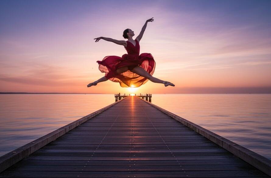 A dancer in a flowing costume performing an elegant leap against the vibrant backdrop of a Sandringham pier sunset, showcasing dynamic dance photos Sandringham pier sunset with professional lighting.