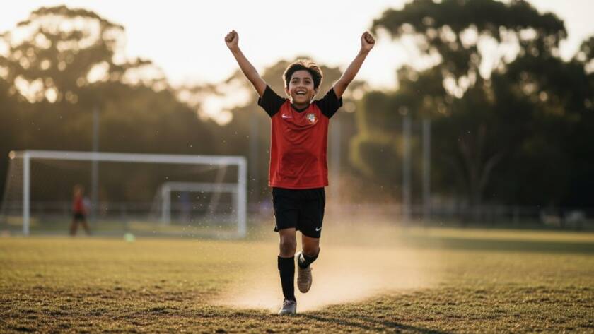 A victorious young soccer player from Dandenong North celebrating a goal, captured mid-air with dynamic Dandenong North youth sports photography showcasing dramatic lighting and blurred background.