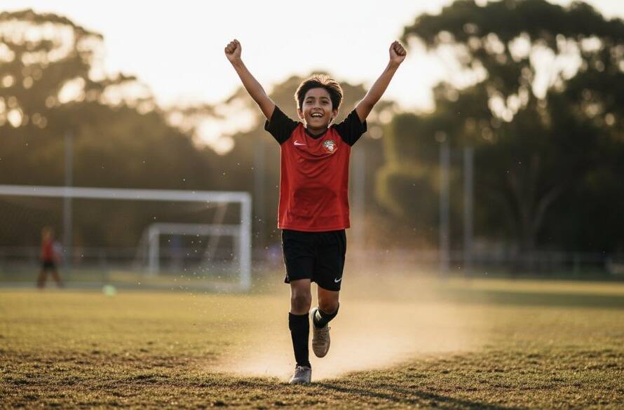 A victorious young soccer player from Dandenong North celebrating a goal, captured mid-air with dynamic Dandenong North youth sports photography showcasing dramatic lighting and blurred background.