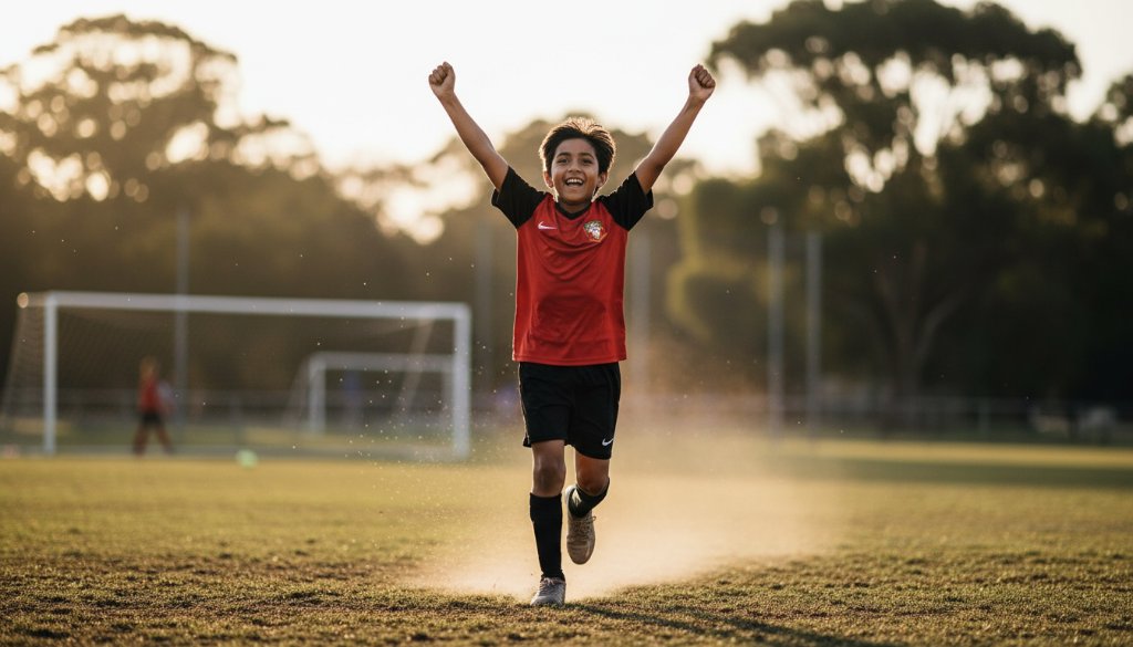 A victorious young soccer player from Dandenong North celebrating a goal, captured mid-air with dynamic Dandenong North youth sports photography showcasing dramatic lighting and blurred background.
