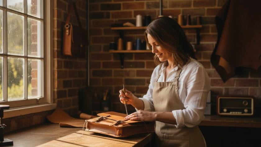 A dynamic Deepdene advertising photography scene capturing a local artisan meticulously hand-finishing a bespoke product in a sun-drenched, rustic workshop, showcasing the brand's dedication and craftsmanship with dramatic, professional lighting and a shallow depth of field.
