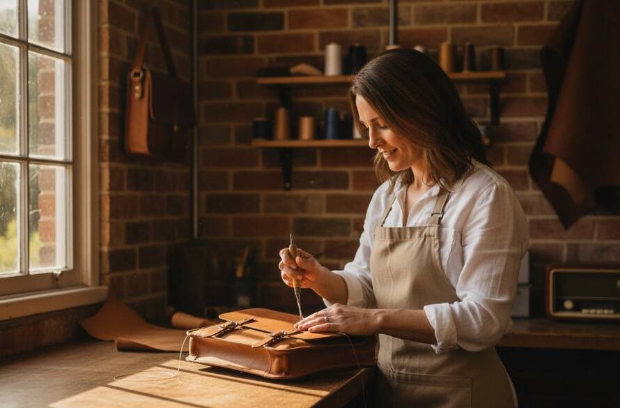 A dynamic Deepdene advertising photography scene capturing a local artisan meticulously hand-finishing a bespoke product in a sun-drenched, rustic workshop, showcasing the brand's dedication and craftsmanship with dramatic, professional lighting and a shallow depth of field.