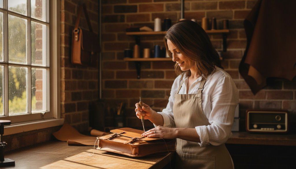 A dynamic Deepdene advertising photography scene capturing a local artisan meticulously hand-finishing a bespoke product in a sun-drenched, rustic workshop, showcasing the brand's dedication and craftsmanship with dramatic, professional lighting and a shallow depth of field.