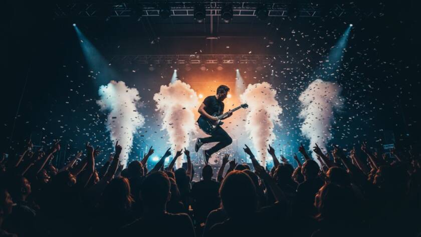 A wide-angle, dramatic shot of a lead guitarist mid-shred at a vibrant Donvale live music photography event, bathed in dynamic stage lights, capturing the electrifying energy of the crowd.