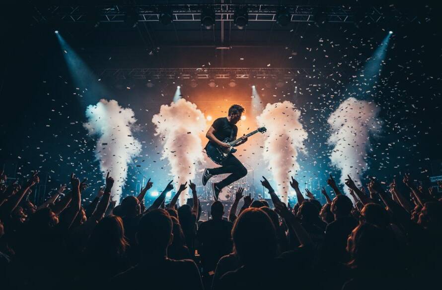 A wide-angle, dramatic shot of a lead guitarist mid-shred at a vibrant Donvale live music photography event, bathed in dynamic stage lights, capturing the electrifying energy of the crowd.