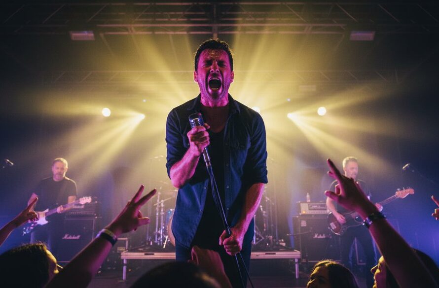 An electrifying wide-angle shot capturing dynamic Drouin concert photography moments as a lead singer commands the stage, bathed in vibrant magenta and blue stage lights with the crowd's energy palpable in the foreground.