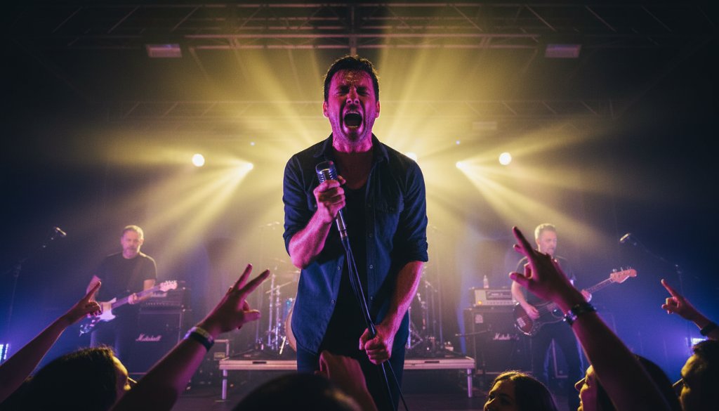 An electrifying wide-angle shot capturing dynamic Drouin concert photography moments as a lead singer commands the stage, bathed in vibrant magenta and blue stage lights with the crowd's energy palpable in the foreground.