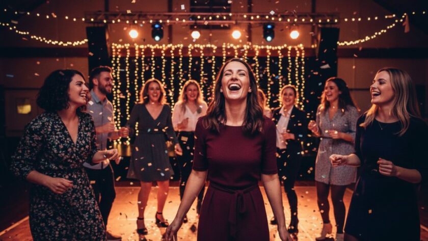 An energetic, wide-angle shot of friends laughing and dancing under colourful party lights at a vibrant Drouin party, showcasing the dynamic Drouin party photography for memorable celebrations captured in an epic moment of joy.