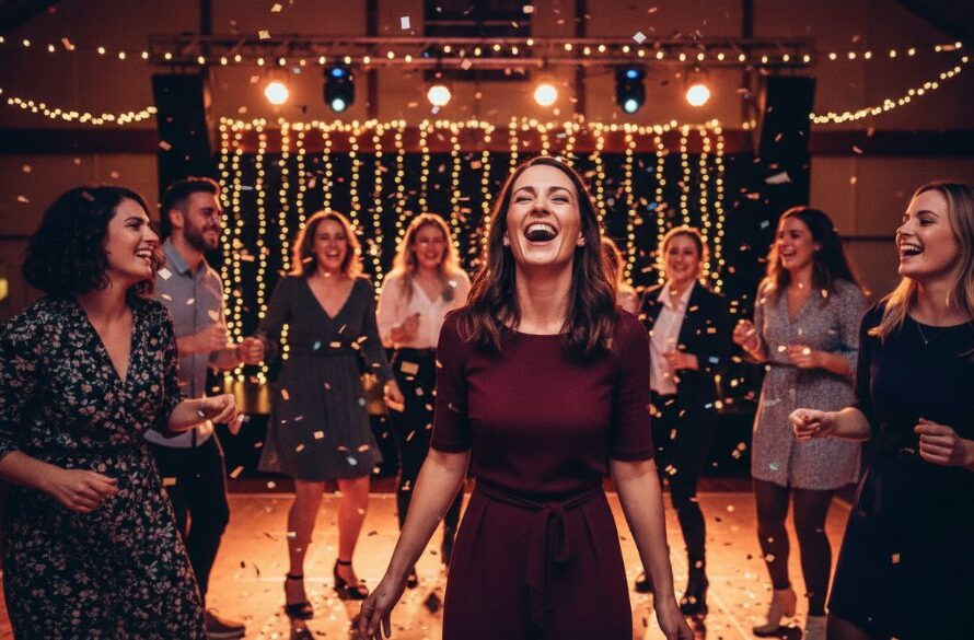 An energetic, wide-angle shot of friends laughing and dancing under colourful party lights at a vibrant Drouin party, showcasing the dynamic Drouin party photography for memorable celebrations captured in an epic moment of joy.