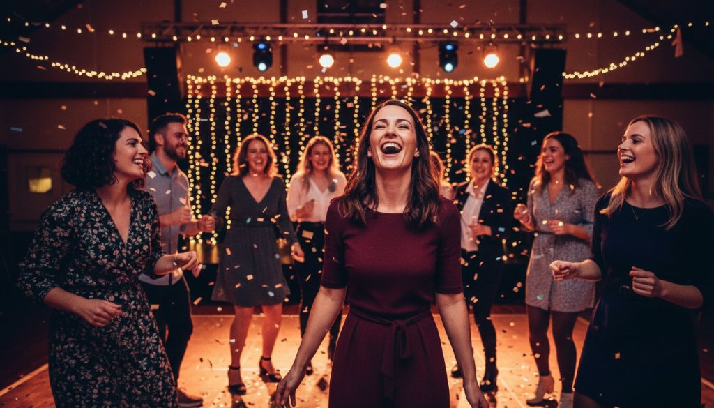 An energetic, wide-angle shot of friends laughing and dancing under colourful party lights at a vibrant Drouin party, showcasing the dynamic Drouin party photography for memorable celebrations captured in an epic moment of joy.