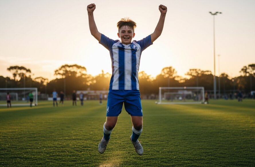 A triumphant young footballer in Drouin, mid-air after scoring, captured with dynamic Drouin youth sports photography, dramatic golden hour light illuminating their elated expression.