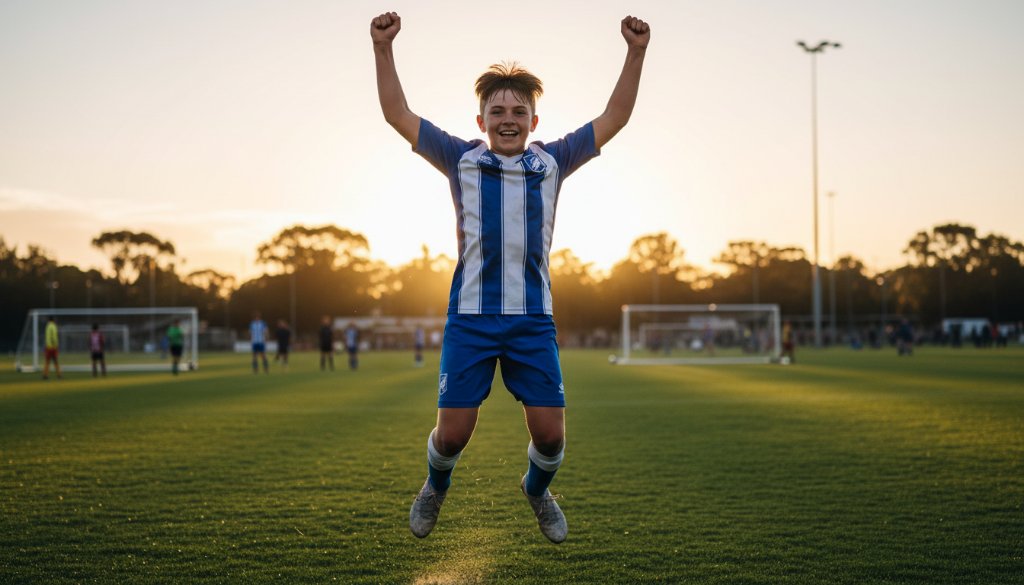 A triumphant young footballer in Drouin, mid-air after scoring, captured with dynamic Drouin youth sports photography, dramatic golden hour light illuminating their elated expression.