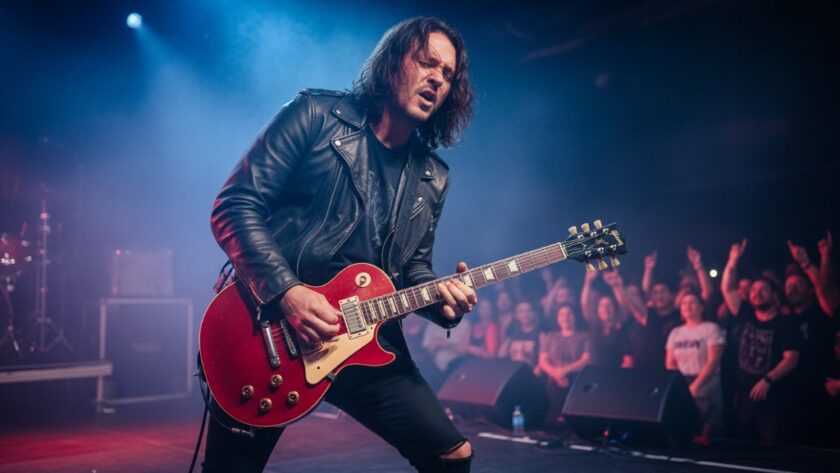 An epic moment of dynamic Echuca live music photography for unforgettable local performances, featuring a lead guitarist bathed in dramatic stage lighting, mid-solo, with vibrant colours and a cheering crowd blurred in the background, capturing intense energy and emotion.