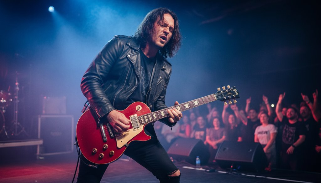 An epic moment of dynamic Echuca live music photography for unforgettable local performances, featuring a lead guitarist bathed in dramatic stage lighting, mid-solo, with vibrant colours and a cheering crowd blurred in the background, capturing intense energy and emotion.