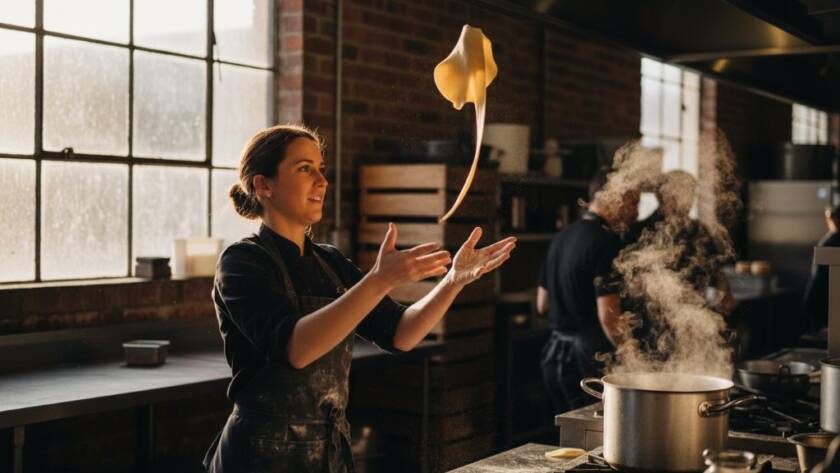 A vibrant, dynamic editorial photograph capturing an 'epic moment' of a local artisan chef at work in their kitchen studio in Albion, Victoria, dramatically tossing pasta dough with flour in the air, demonstrating the impact of dynamic editorial photography for Albion Victoria businesses. The chef is intensely focused, with dramatic natural light highlighting their hands and the tools, creating a powerful narrative of culinary craftsmanship.