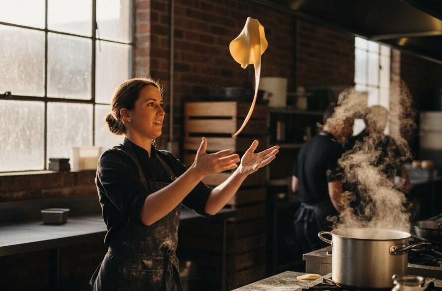 A vibrant, dynamic editorial photograph capturing an 'epic moment' of a local artisan chef at work in their kitchen studio in Albion, Victoria, dramatically tossing pasta dough with flour in the air, demonstrating the impact of dynamic editorial photography for Albion Victoria businesses. The chef is intensely focused, with dramatic natural light highlighting their hands and the tools, creating a powerful narrative of culinary craftsmanship.