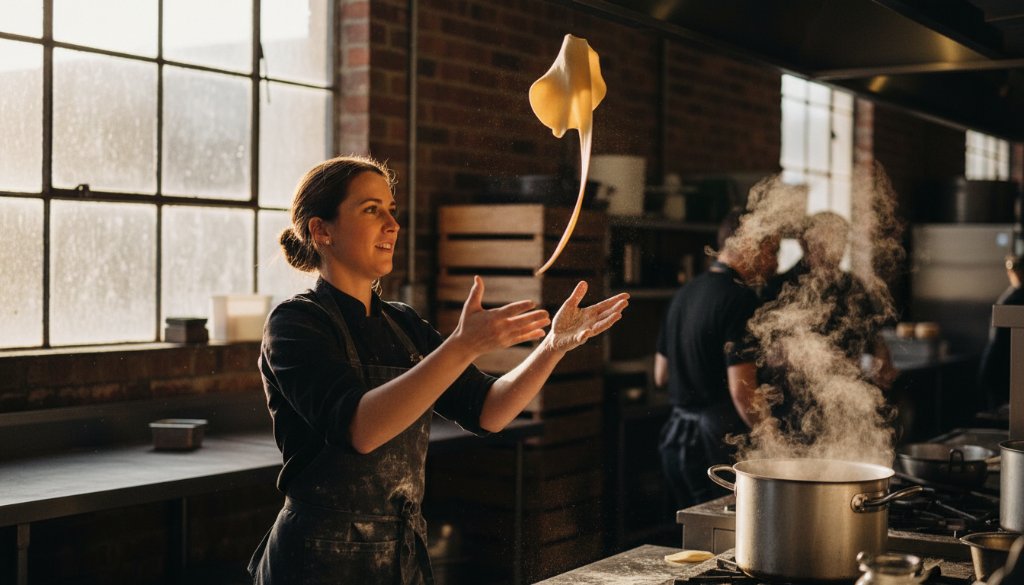 A vibrant, dynamic editorial photograph capturing an 'epic moment' of a local artisan chef at work in their kitchen studio in Albion, Victoria, dramatically tossing pasta dough with flour in the air, demonstrating the impact of dynamic editorial photography for Albion Victoria businesses. The chef is intensely focused, with dramatic natural light highlighting their hands and the tools, creating a powerful narrative of culinary craftsmanship.
