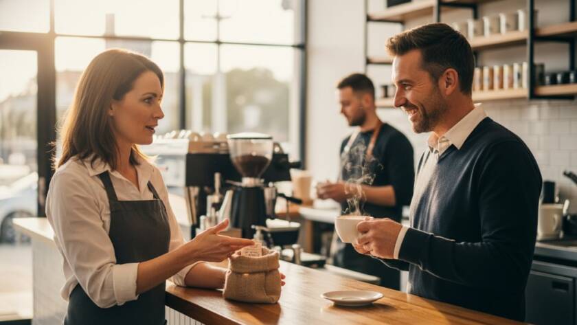 Dynamic Editorial Photography Balwyn North: A vibrant, candid shot of a local business owner engaging with customers in a modern Balwyn North cafe, captured with dramatic, warm lighting and a shallow depth of field, conveying authentic connection and community spirit.